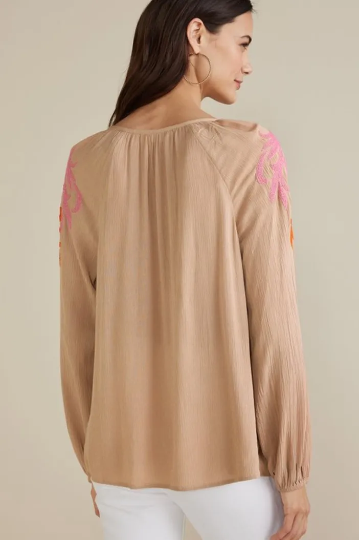 Soft Surroundings Tops|Noura Embroidered Gauze Pullover Sesame