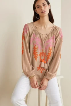 Soft Surroundings Tops|Noura Embroidered Gauze Pullover Sesame