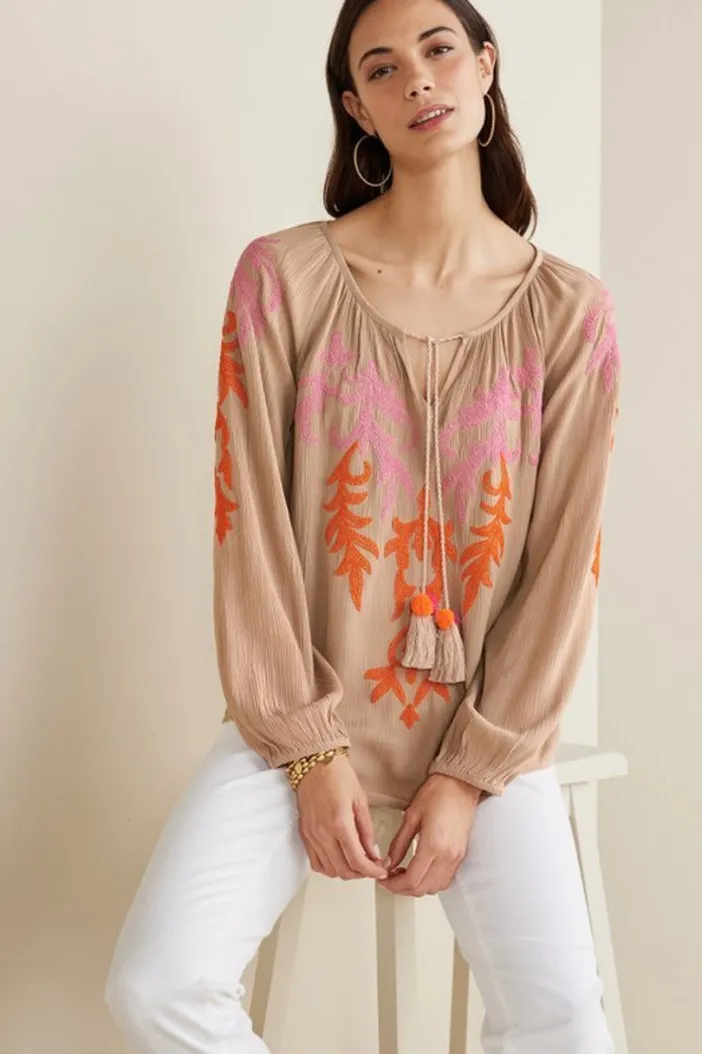Soft Surroundings Tops|Noura Embroidered Gauze Pullover Sesame