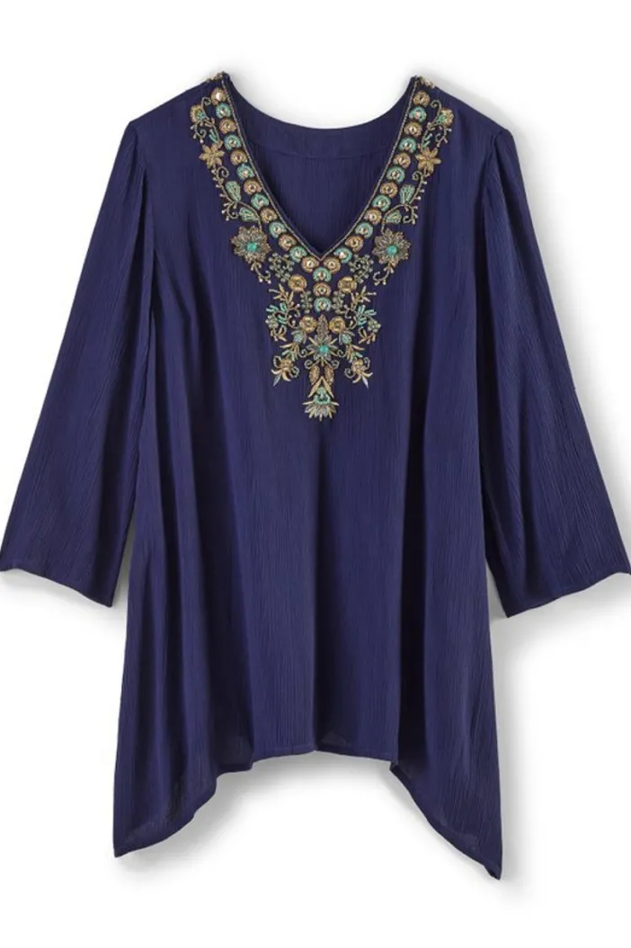 Soft Surroundings Tops|Paulina Gauze Pullover Navy