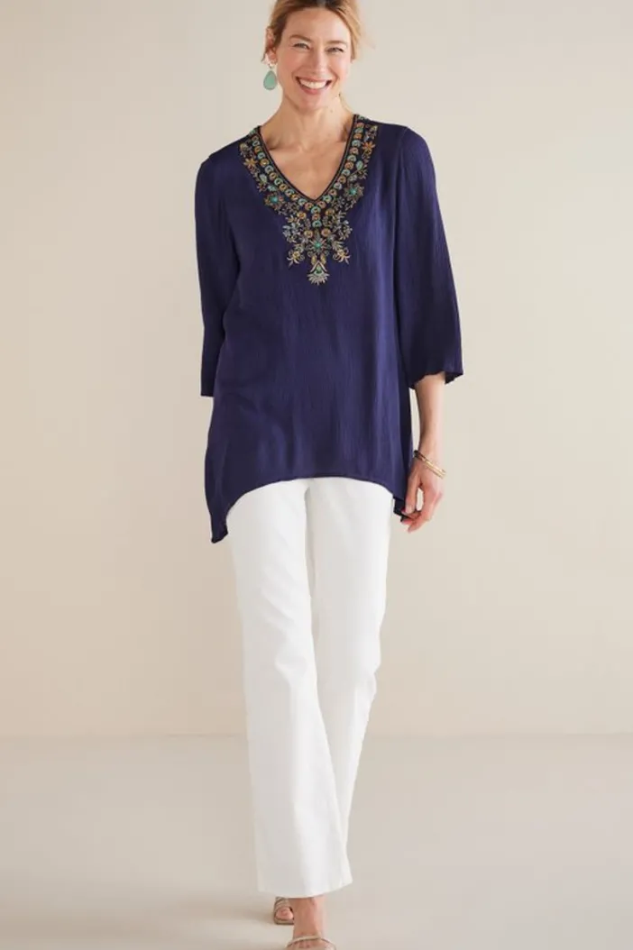 Soft Surroundings Tops|Paulina Gauze Pullover Navy