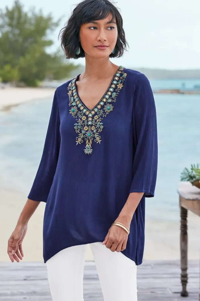 Soft Surroundings Tops|Paulina Gauze Pullover Navy
