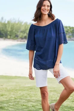 Soft Surroundings Tops|Rahma Eyelet Trimmed Tee Navy