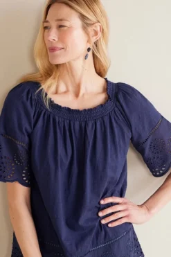 Soft Surroundings Tops|Rahma Eyelet Trimmed Tee Navy
