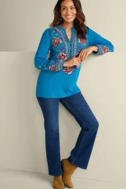 Soft Surroundings Tops|Riva Embroidered Knit Gauze Top BlueSapphire