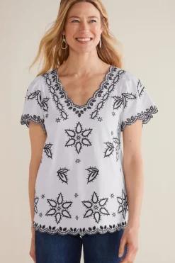 Soft Surroundings Tops|Teres Embroidered Tee IvoryPearl