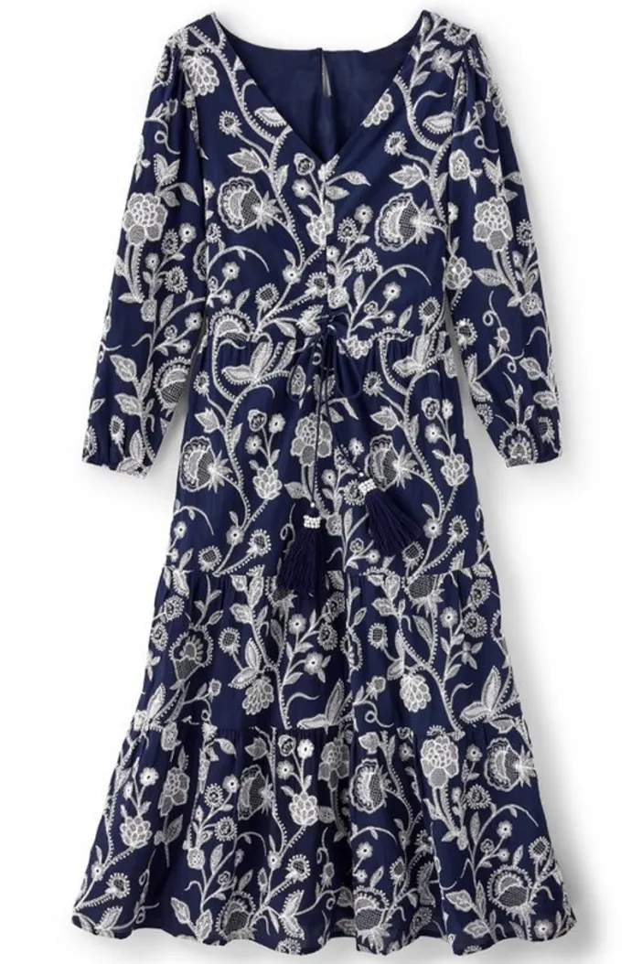 Soft Surroundings Dresses|Tilda Embroidered Midi Dress Navy