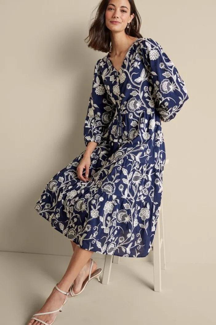 Soft Surroundings Dresses|Tilda Embroidered Midi Dress Navy