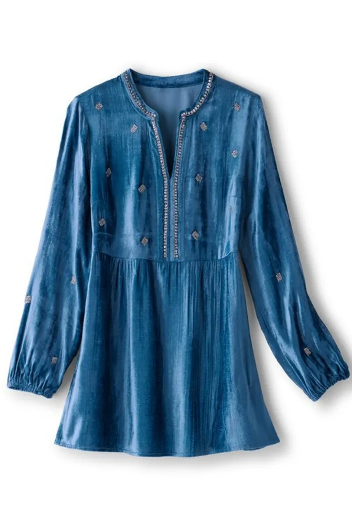 Soft Surroundings Tops|Verna Embellished Velvet Tunic BlueSapphire