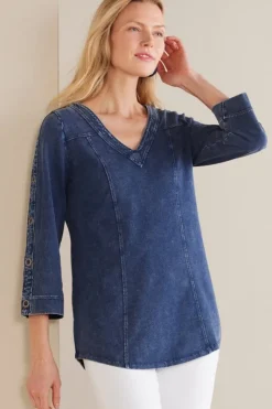 Soft Surroundings Tops|Tunics & Leggings|Wilma Washed Knit Denim Tunic DenimBlue